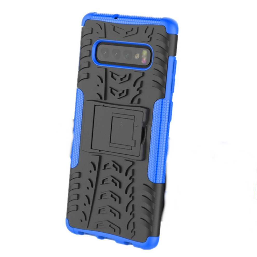 2Pcs Tire Texture Tpu+Pc Shockproof Case For Galaxy S10+, With Holder (Blue) Blue 8881471542648
