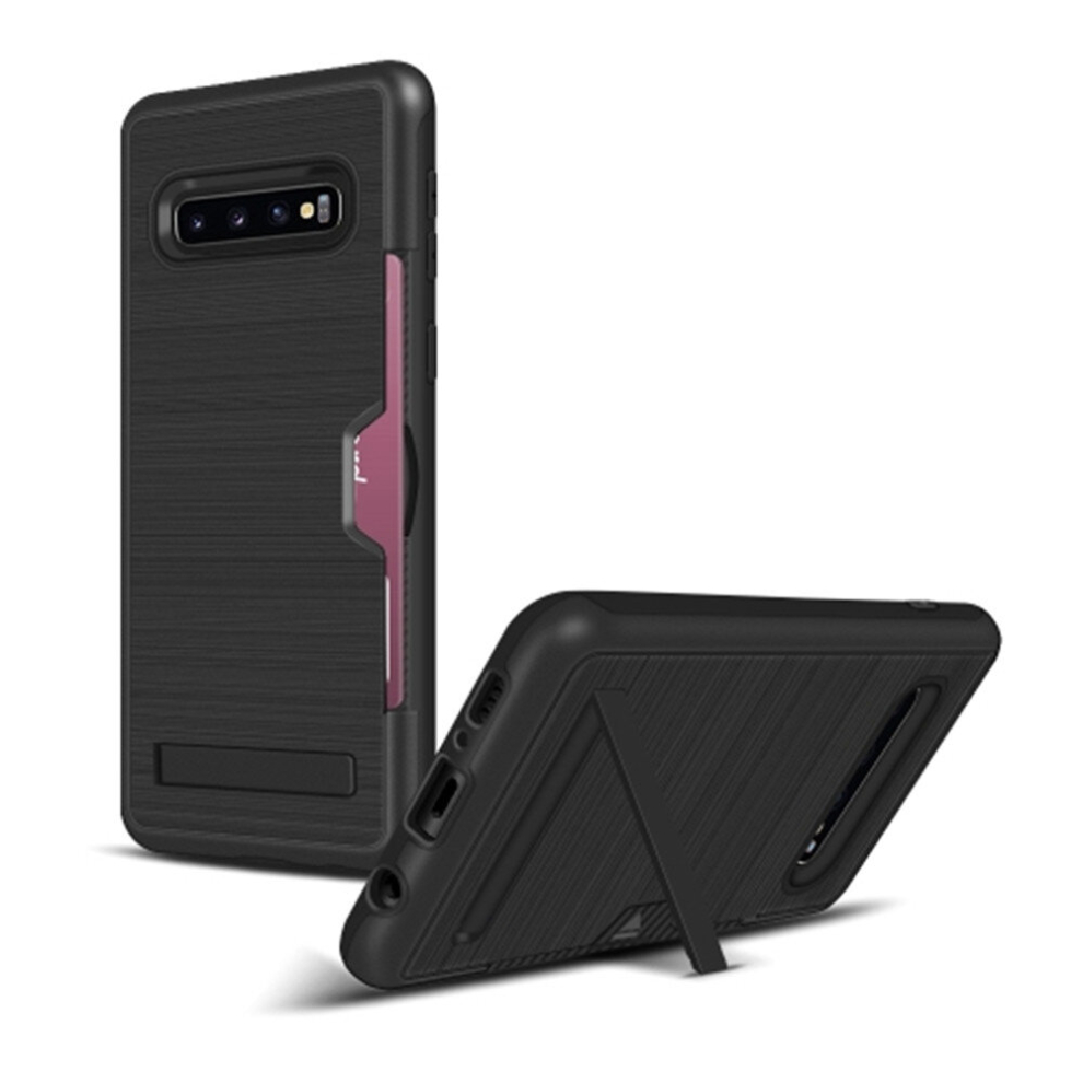 2Pcs Tpu + Pc Brushed Texture Protective Back Cover Case For Galaxy S10,With Card Slot & Holder(Black) Black 8881471549012