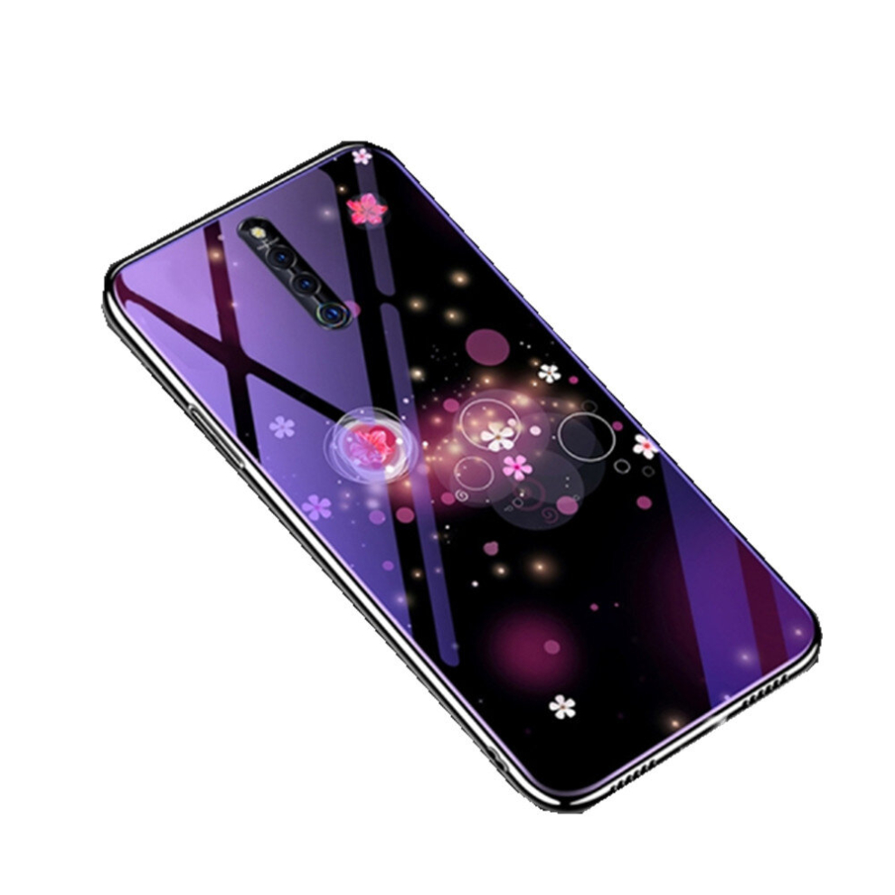 For Vivo X27 Pro Electroplated Edge Light Glass Protective Case(Flowers) Blue 8881471547186
