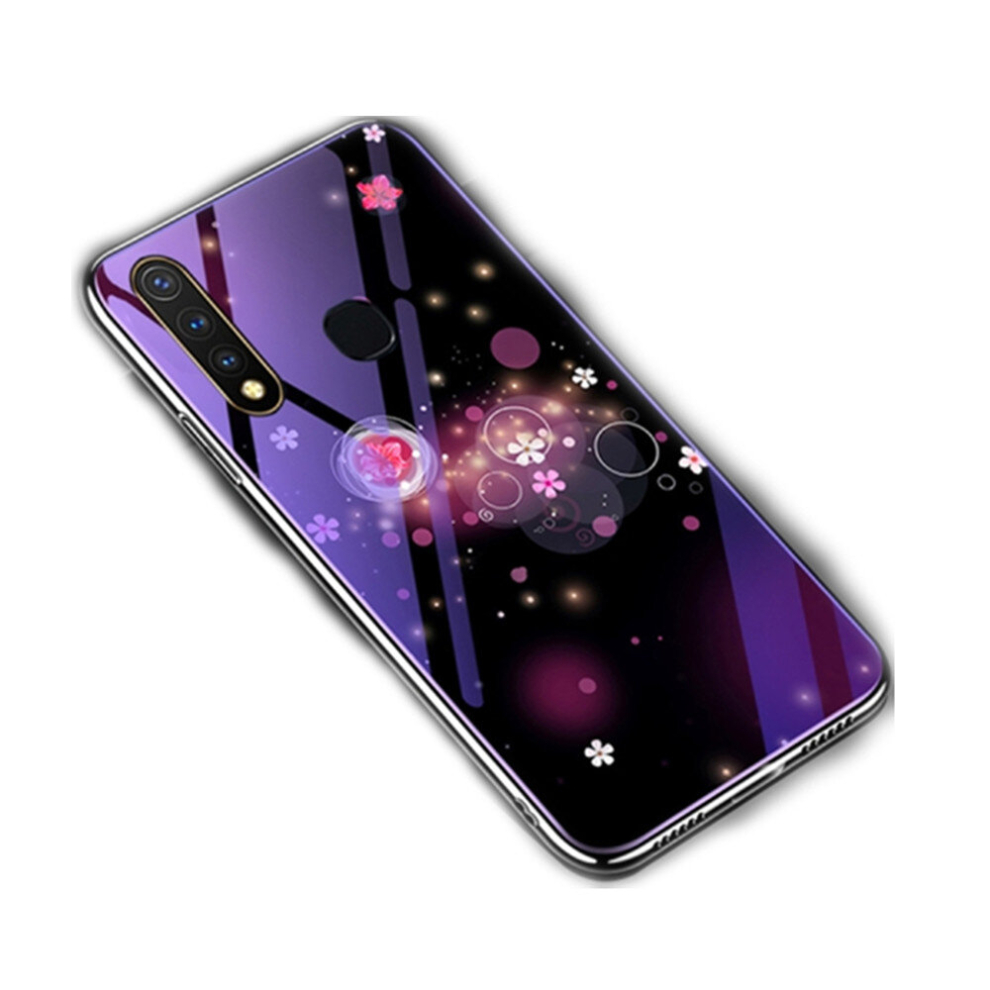 For Vivo U3 / Y19 / Y5s Electroplated Edge Light Glass Protective Case(Flowers) Blue 8881471552296