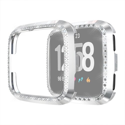 2PC For Fitbit Versa Lite Universal Smart Watch PC Diamond Protective Case(Silver) 1