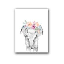 3Pcs Children Room Decoration Painting Cute Animal Head with Flower Frameless Painting Core, Size:20x30cm(Elephant)