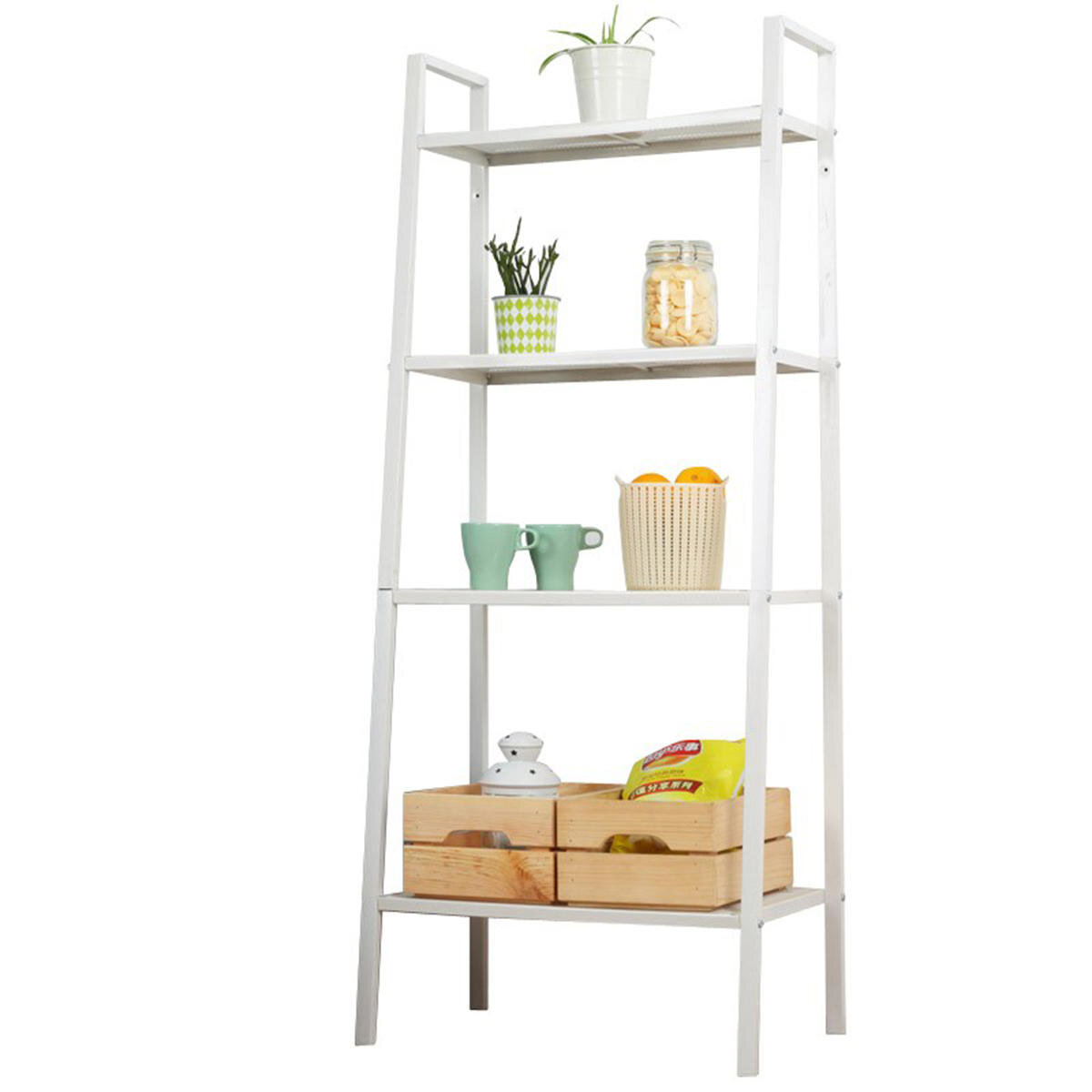 4 Tiers Ladder Bookshelf Grid/Iron Wire Design Ladder Storage Rack