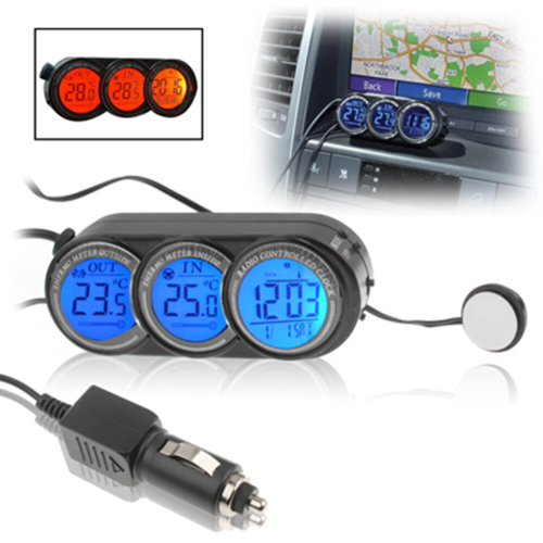 3 Wheels Blue / Orange LED Light LCD Screen Car Digital Thermometer with Clock / Calendar(Black) 1