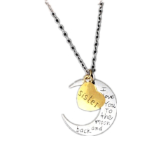 Half-Moon-Shaped Alloy Plated Pendant Necklace With Greetings Engraved At The Backside For Family, Diameter 3cm, Perimeter 9.4cm(Silver+Gold For siste