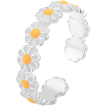 Ladies Small Cute Daisy Flower Silver Plated Open Adjustable Band Ring Girls Women's Fresh Full Sunflower Yellow White Ring, Diameter 17mm
