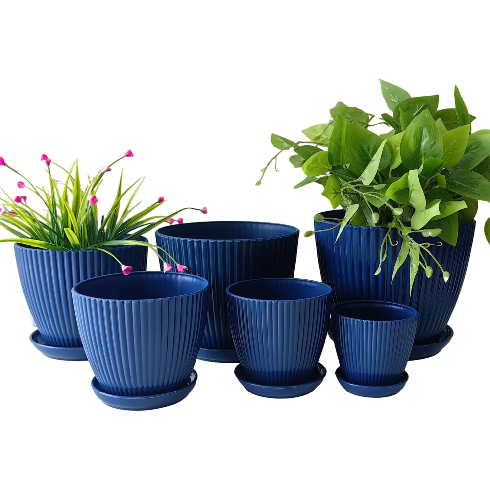 7.5/6.5/5.5/4.9/4.2/3.5 Inches Plant Planters 6 Pack, Thick Sturdy Plastic Pots For Plants,Pots With Drainage Holes And Saucers (6 Sizes,Dark-Blue)