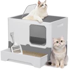 Grey Foldable Cat Litter Box with Lid, Extra Large Front Entry Top Exit, Drawer Type Enclosed Kitty Litter Box with Litter Scoop,Easy Cleaning