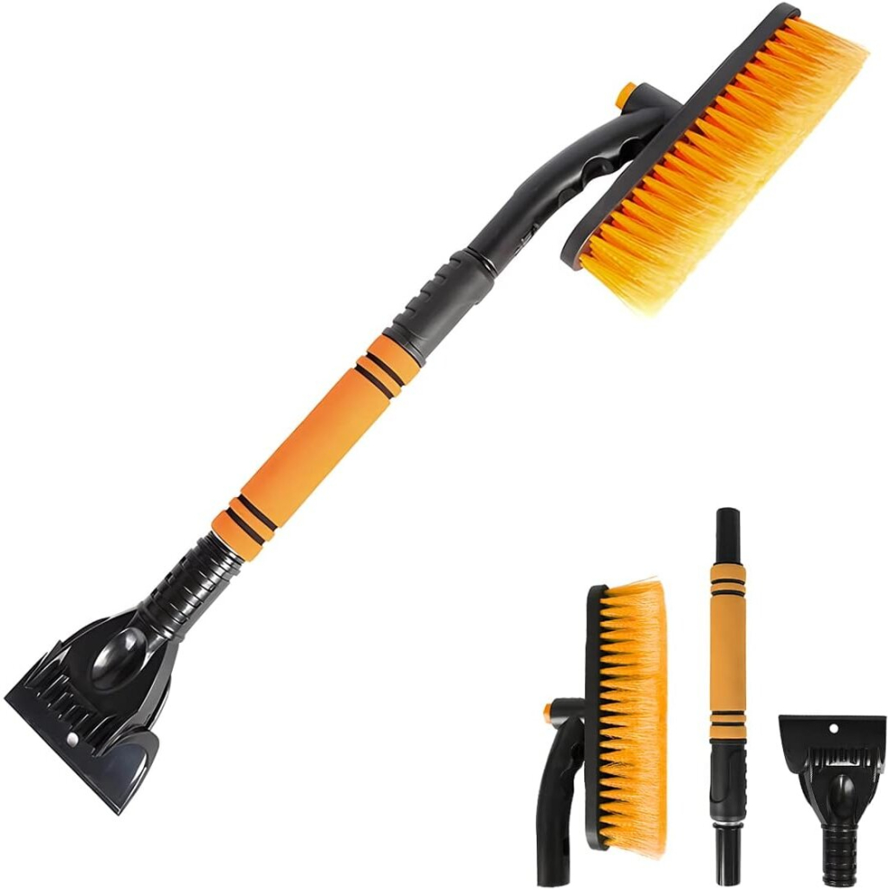 26'' Snow Brush and Ice Scraper, Detachable Extendable Rotatable Snow Removal for Car Windshield, with Comfortable Foam Grip Aluminum Body(Orange)