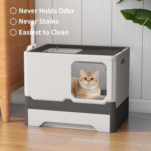 Grey Foldable Cat Litter Box with Lid, Extra Large Front Entry Top Exit