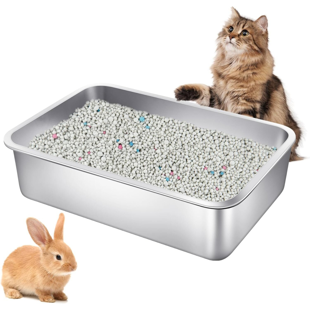 Stainless Steel Cat Litter Box Large Metal Litter Box Sturdy and Durable Kitty Cat Litter Pan,Easy to Clean (S, 15.7" L x 12" W x 3.9" H, 1P)