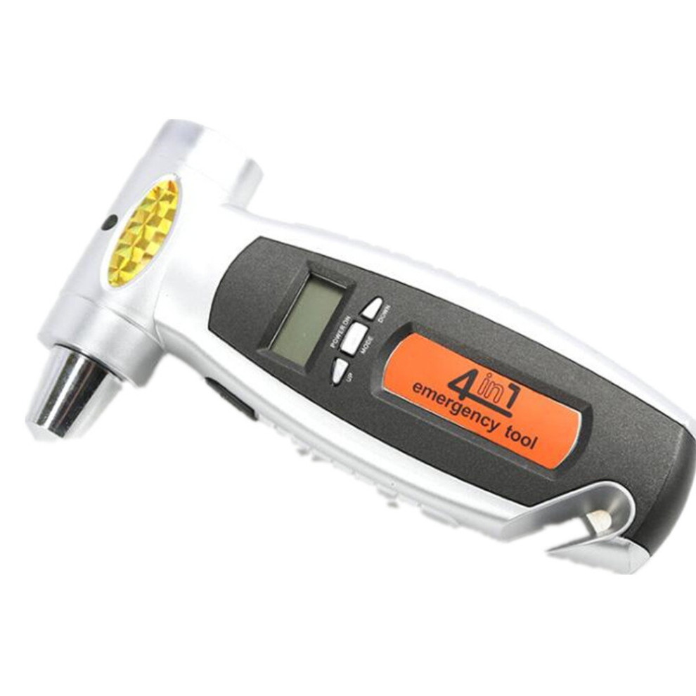 4 In 1 (Digital Tire Gauge + Flashlight + Emergency Hammer + Emergency Seat Belt Cutter) Emergency Utility Tool(Silver) Silver 6913664870794
