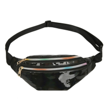 Women Punk Laser Glossy PU Double Zipper Chest Bag Casual Waist Bag(Black )