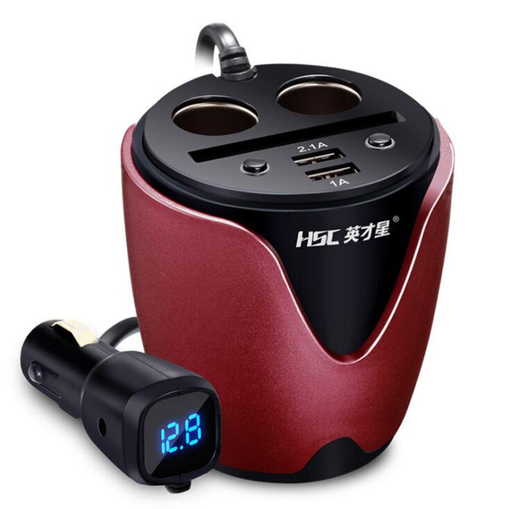 Yc-19 Car Cup Charger 2.1A/1A Dual Usb Ports Car 12V-24V Charger With 2-Socket Cigarette And Card Socket(Red) Red 6913664864304