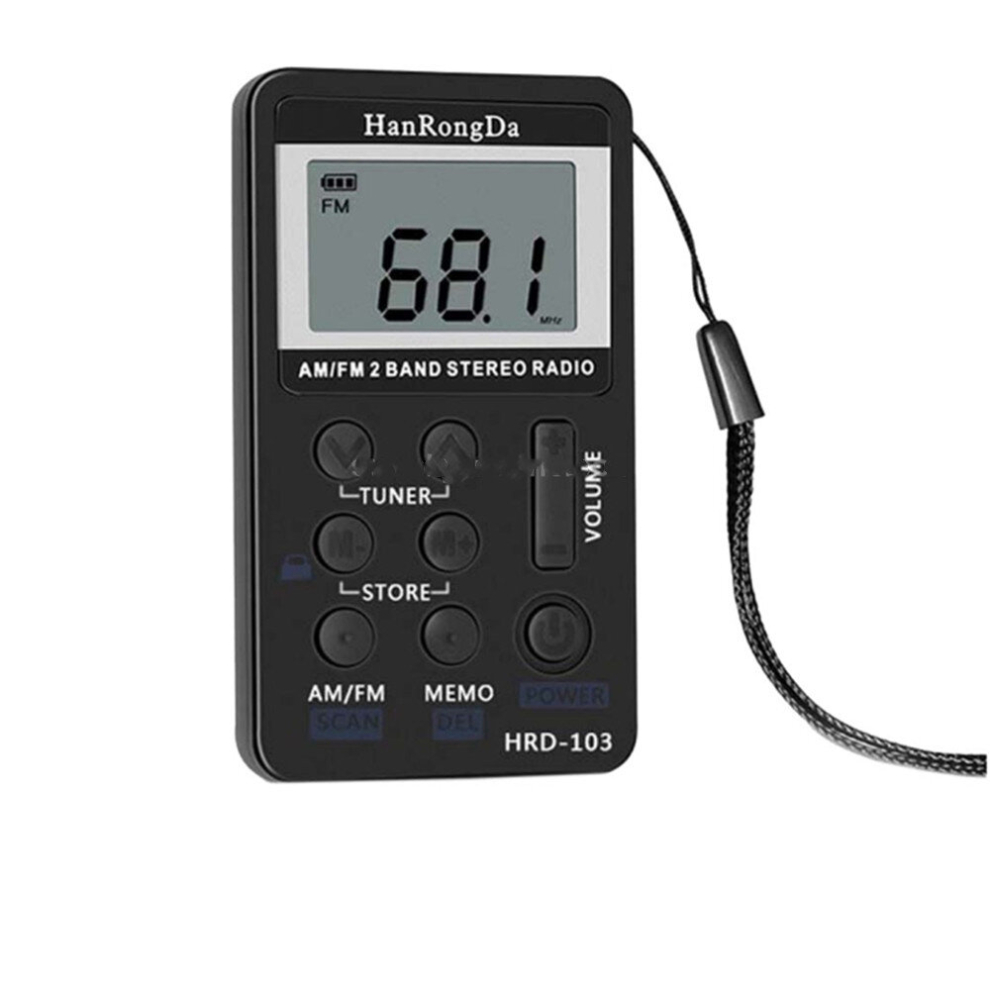 Am / Fm Two Bands Rechargeable Stereo Radio Mini Receiver With And Lcd Screen And Earphone Jack And Lanyard (Black) Black 6913664825183