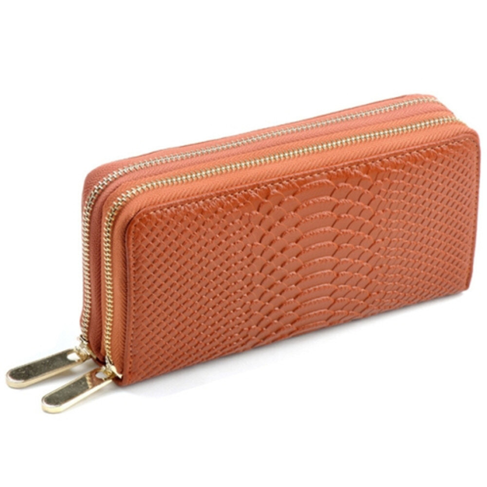 Women Long Wallet Genuine Leather Double Zipper Serpentine Embossing Clutch Bag Coin Purse Card Holder with Wristlet Strap
