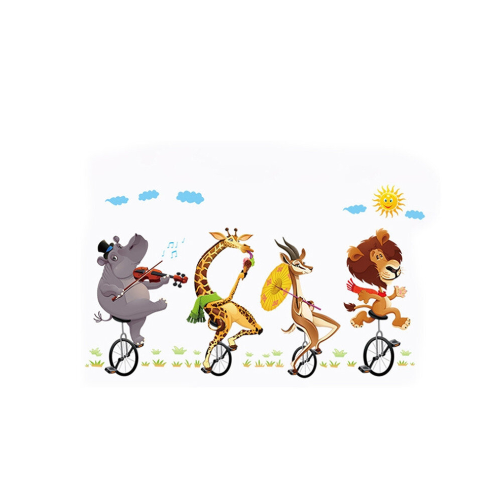 2 Pcs Cartoon Animal Bicyling Wall Sticker Lion Giraffe Sticker Children Room Bedroom Background Wall Ornament Stickers Green Dsport
