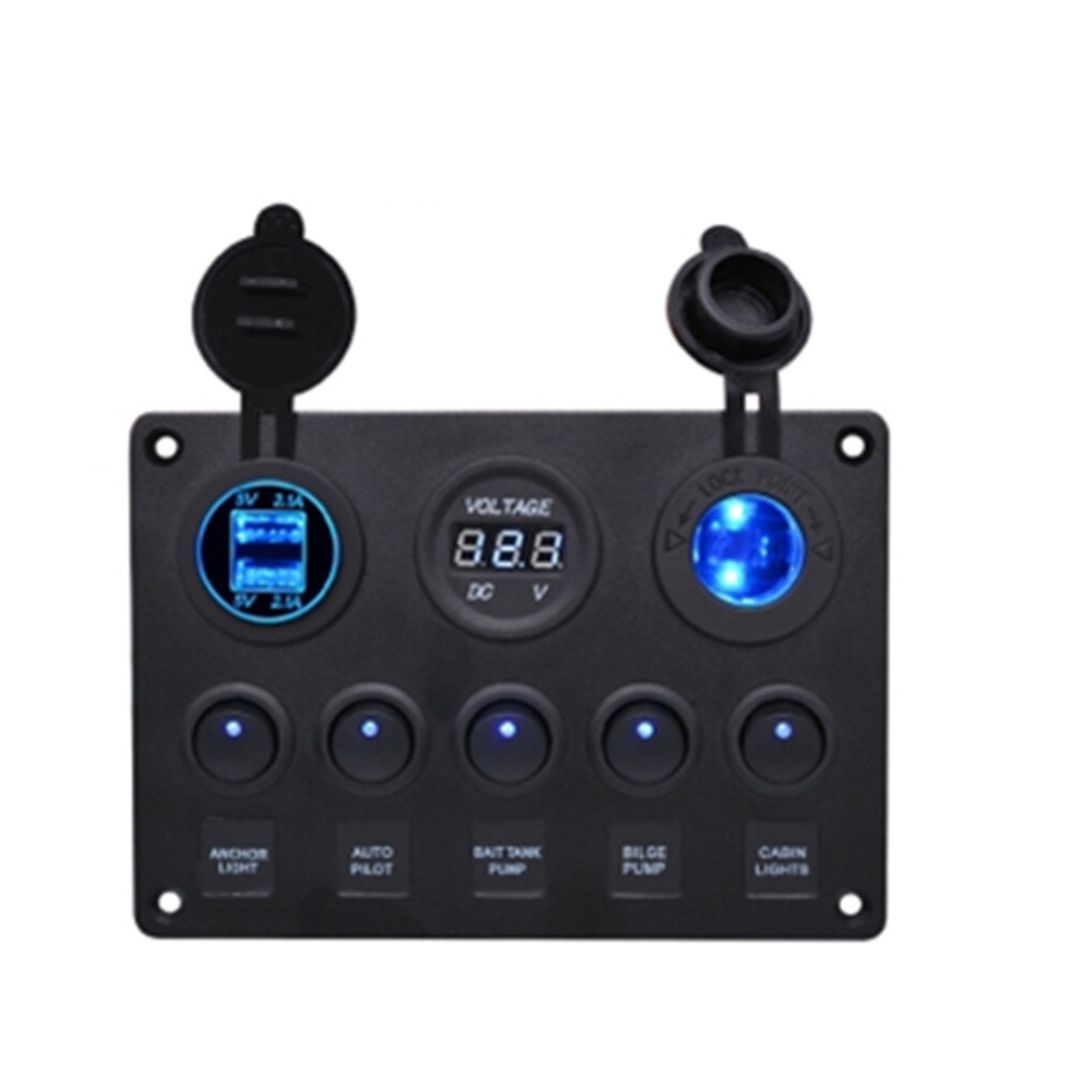 Multi-Function Combination Switch Panel Voltmeter + Cigarette Lighter Socket + 5 Way Switches + Dual Usb Charger For Car Rv Marine Boat( Light) Blue/Light 6913664863741