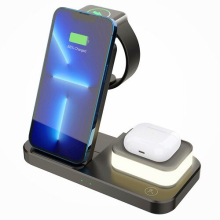 C500 Faltbares 3-in-1-Wireless-Ladegerät mit 3-stufig einstellbarem Nachtlicht, 9V 2A USB QC3.0-Ladegerät für Apple - Schwarz