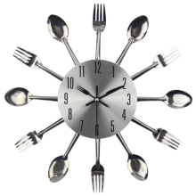 Cutlery Metal Kitchen Wall Clock Spoon Fork Creative Quartz Wall Mounted Clocks Modern Design Decorative Horloge, Silver