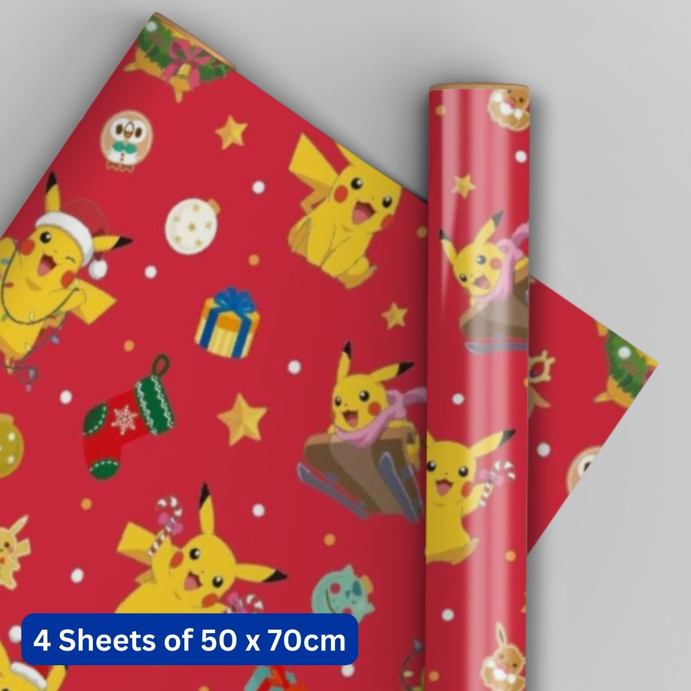 Christmas Wrapping Paper Pokemon 4 Sheets & 4 Tags