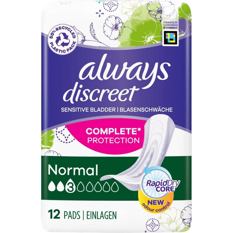 Always Discreet Incontinence, Sensitive Bladder, Complete Protection Pads Size 12