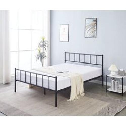Black Double Metal Bed Frame with High Headboard and Large Storage ...