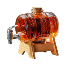 Whiskey Decanter Set - Barrel Glass Dispenser With Tap And Wooden Stand (1l)