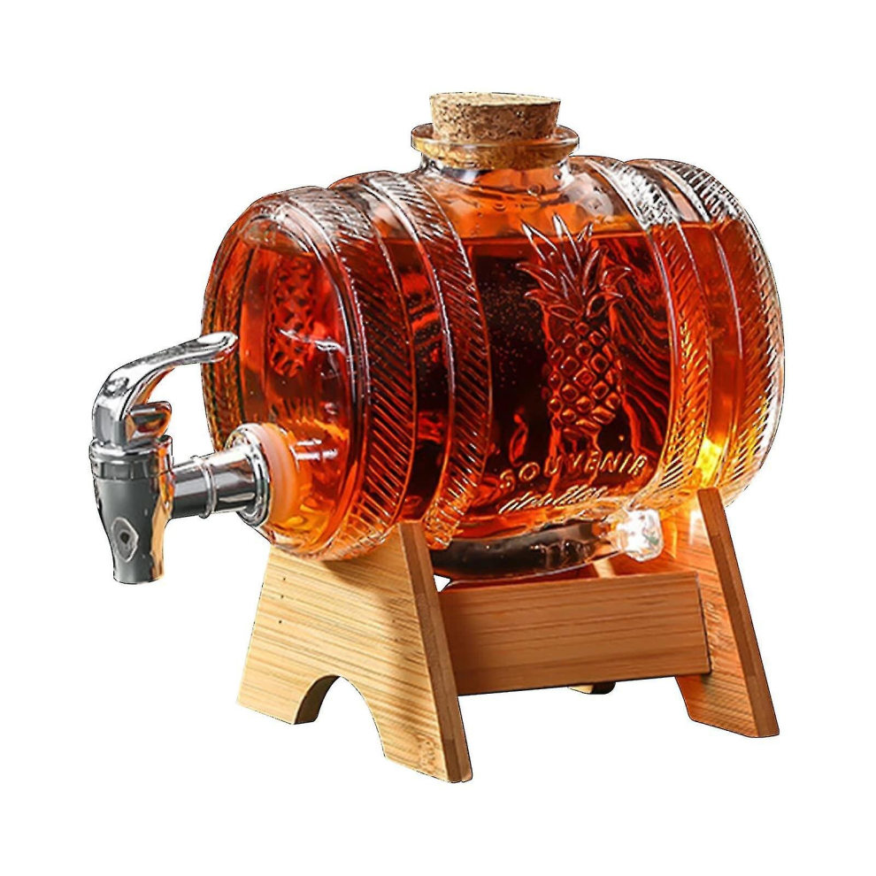 Whiskey Decanter Set - Barrel Glass Dispenser With Tap And Wooden Stand (1l)