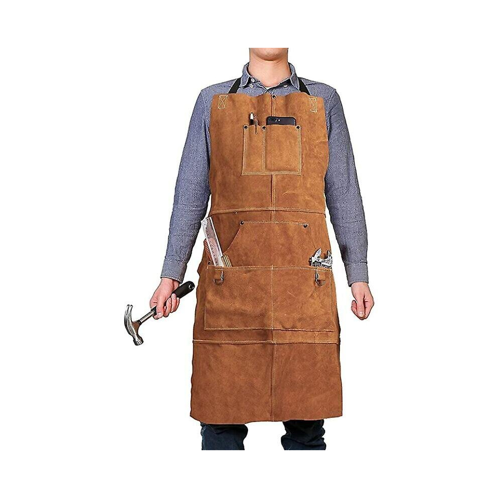 Leather Carpentry Apron, Work Apron With 6 Tool Pockets, Welder Apron For Men Women, Heat Resistant Flame Retardant Workshop Apron, Adjustable From M