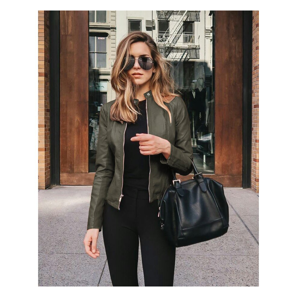 (deep green, L) Women's Fashion Leather PU Suit Small Jacket