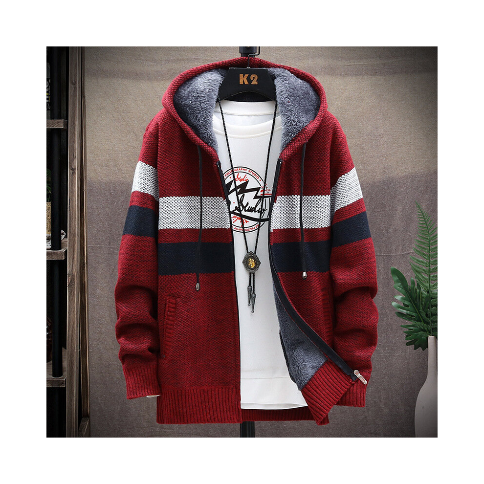 (red, L) Knitted Cardigan Jumper Men's Thickened Jacket