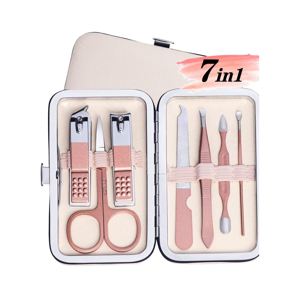 Travel Manicure Set, 7 in 1 Manicure Kit Pedicure Kit Nail Clippers Set Stainless Steel Nail Kit Pink