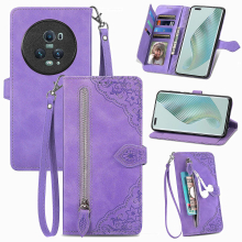 (Purple) Case For Honor Magic 5 Pro Forest Series Zipper Magnetic Flip Wrist Strap Cover Compatible With Honor Magic 5 Pro Case
