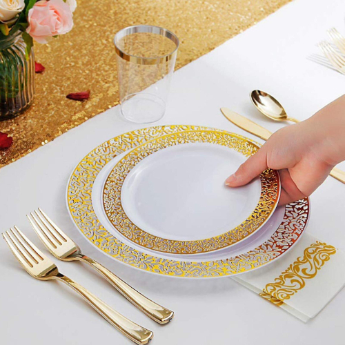 175x Disposable Tableware Plastic Plate For Catering Wedding Gold Rim 2