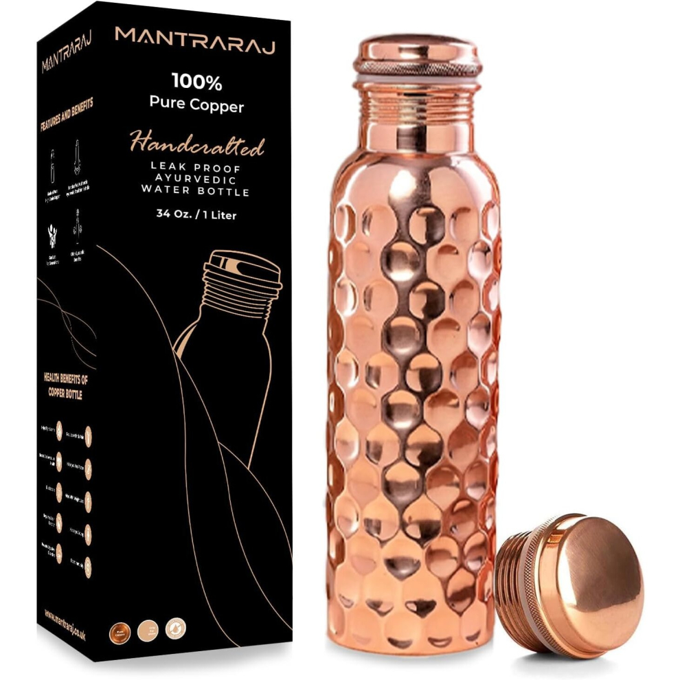 MantraRaj 100% Pure Copper Water Bottle Ayurvedic Leak Proof 1 Liter