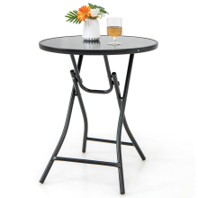Folding Patio Bistro Table Outdoor Round Glass Top Cocktail Table Metal Frame