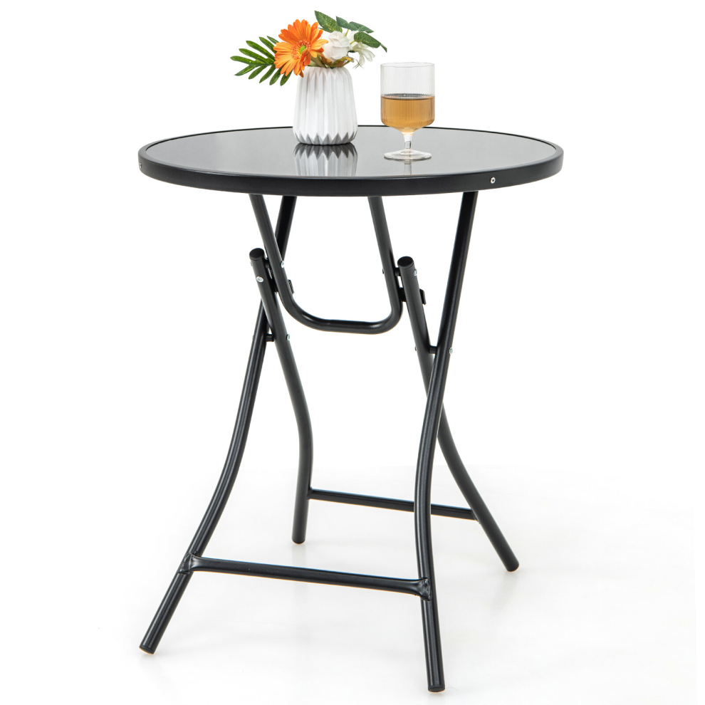 Folding Patio Bistro Table Outdoor Round Glass Top Cocktail Table Metal Frame