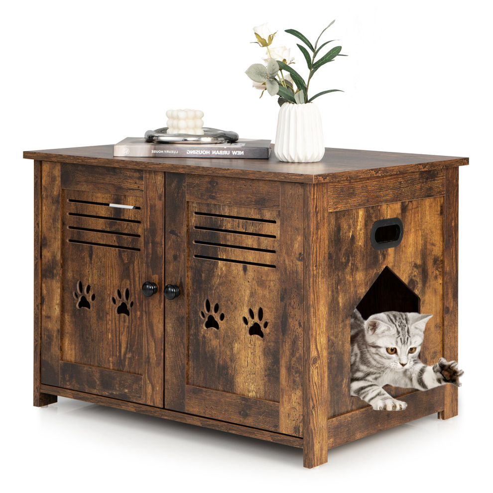 2-Door Cat Litter Box Side Entrance Cat House 3 in 1 Wooden End Table