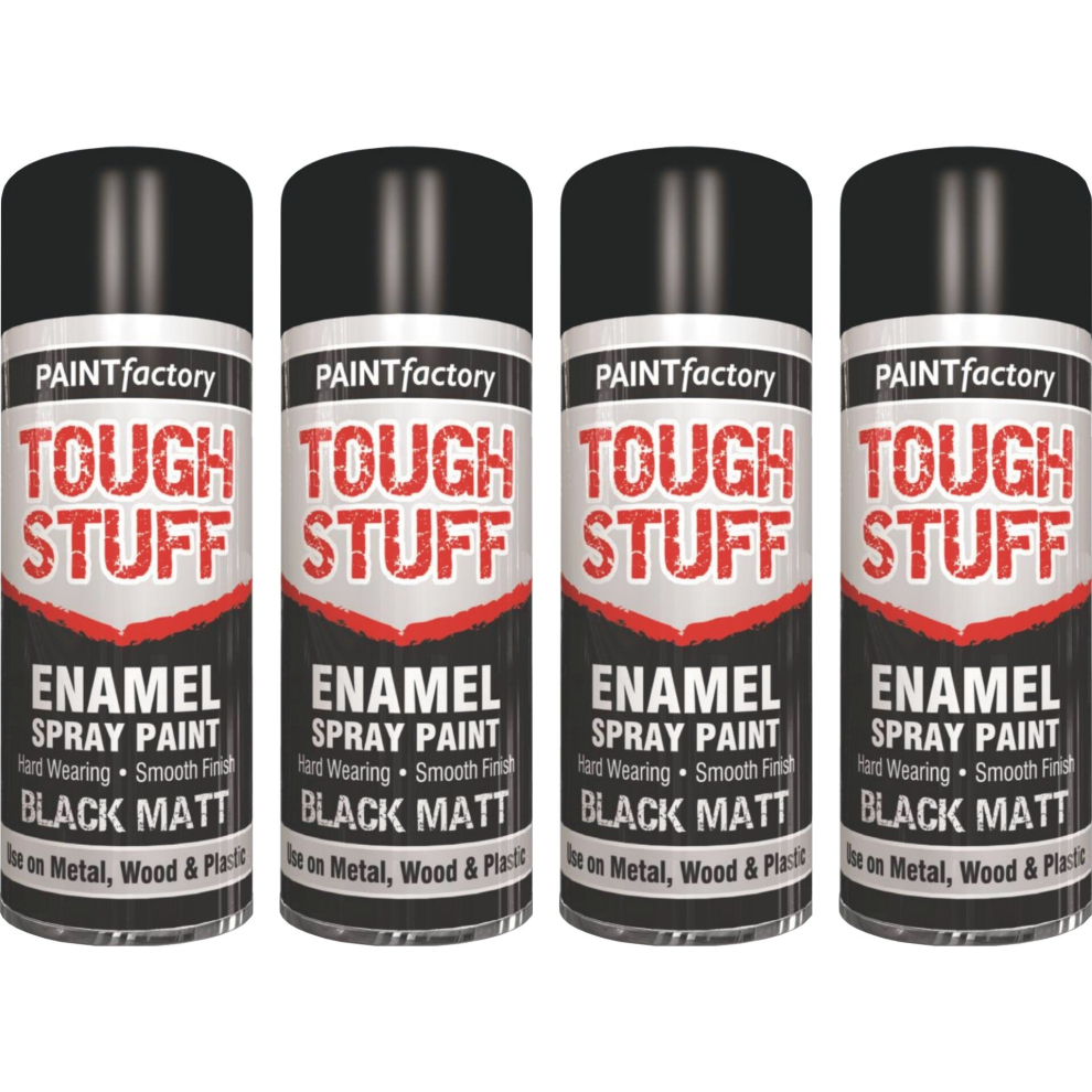 4 x 400ML TOUGH STUFF ENAMEL BLACK MATT SPRAY PAINT METAL PLASTIC