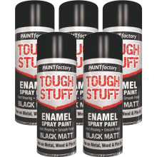 5 x 400ML TOUGH STUFF ENAMEL BLACK MATT SPRAY PAINT METAL PLASTIC