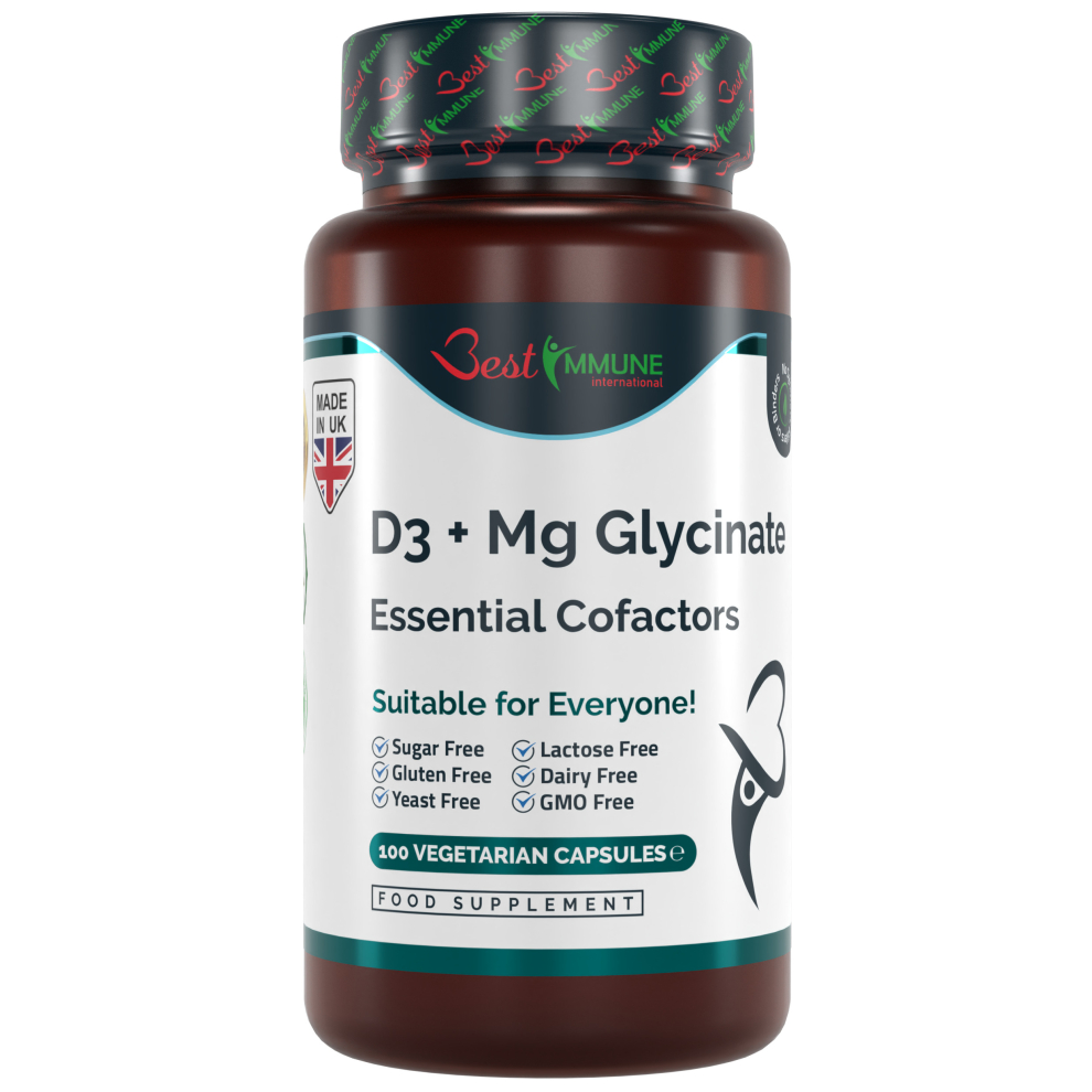 Magnesium Glycinate + D3 Essential Cofactors Complex Premium Quality Natural Product Ideal Strength 100 Vegan Capsules Highest Bioavailability