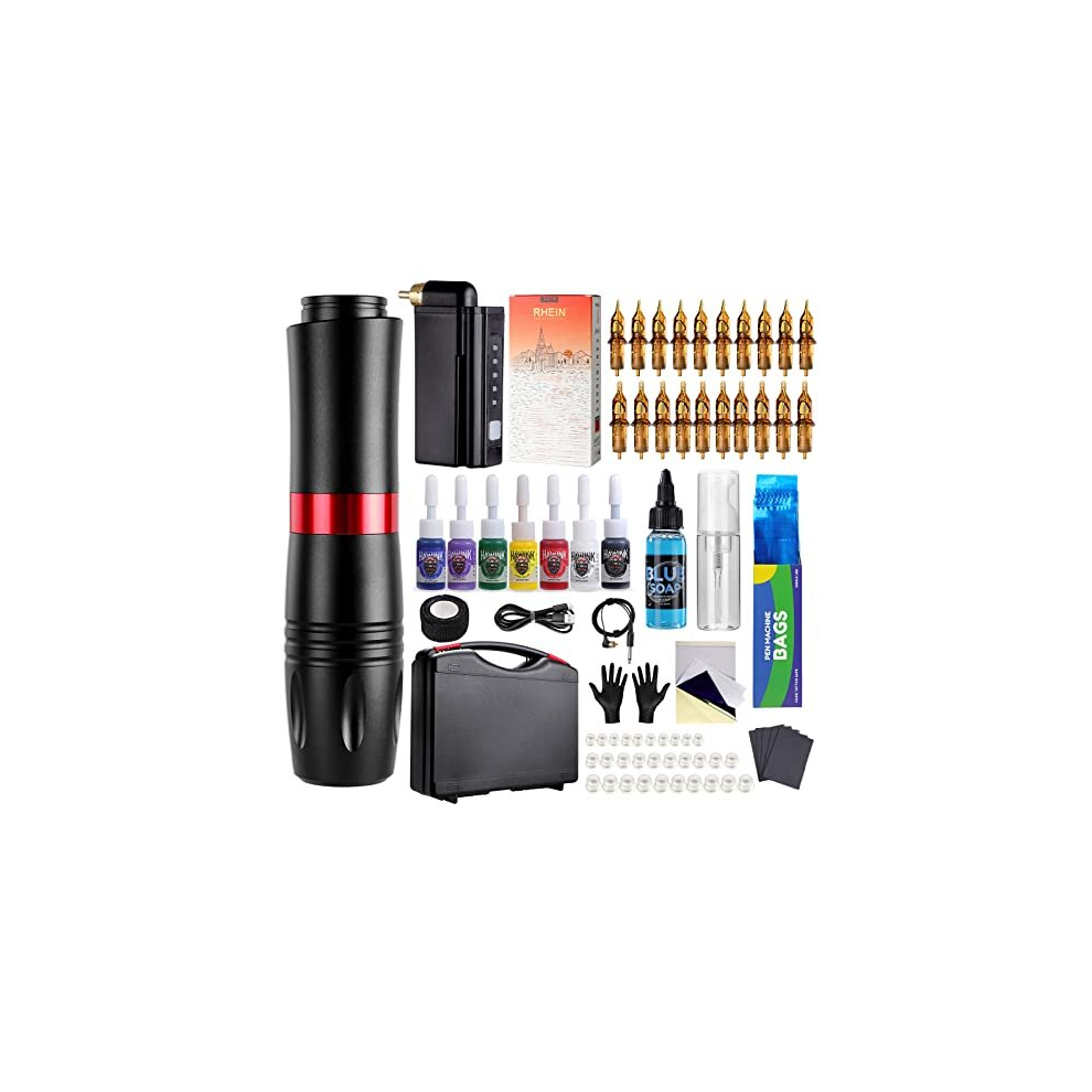 Tattoo Pen Kit Rotary Gun Machine with Wireless Tattoo Power Supply 20Pcs Cartridge 7 inks EM154EN02P199-1