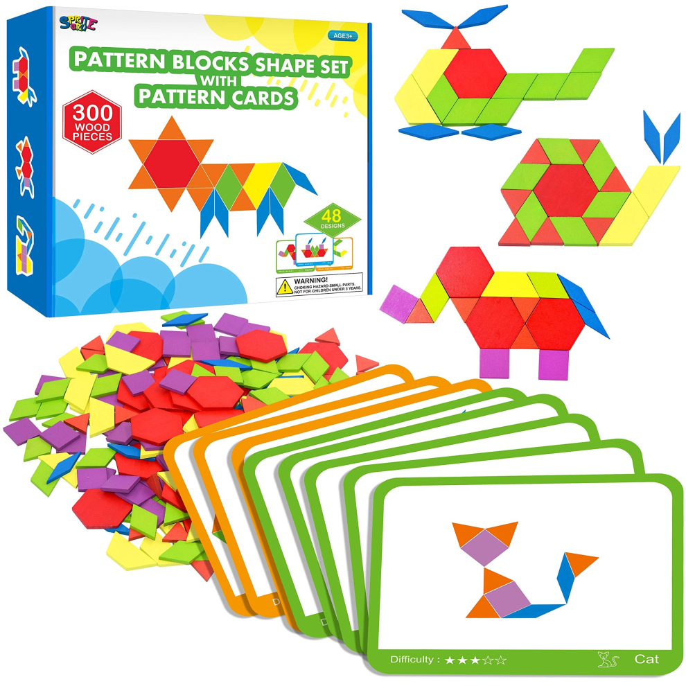 300 PCS Wooden Pattern Blocks Set for kids with 24 Double-sided Design Cards(48 patterns) and Storage Bag in Gift Box,Fun Montessori Learning Toys