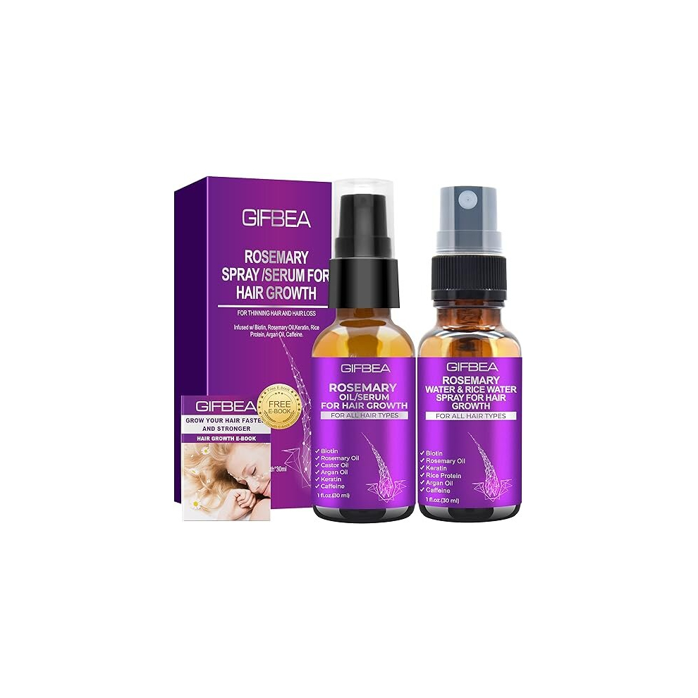 Gifbea Rosemary Oil Serum For Hair Growth W/Rosemary Water & Rice Water Spray Hair Growth,Biotin Argan Castor Oil Caffeine Keratin Reduce Hair Loss,Hair