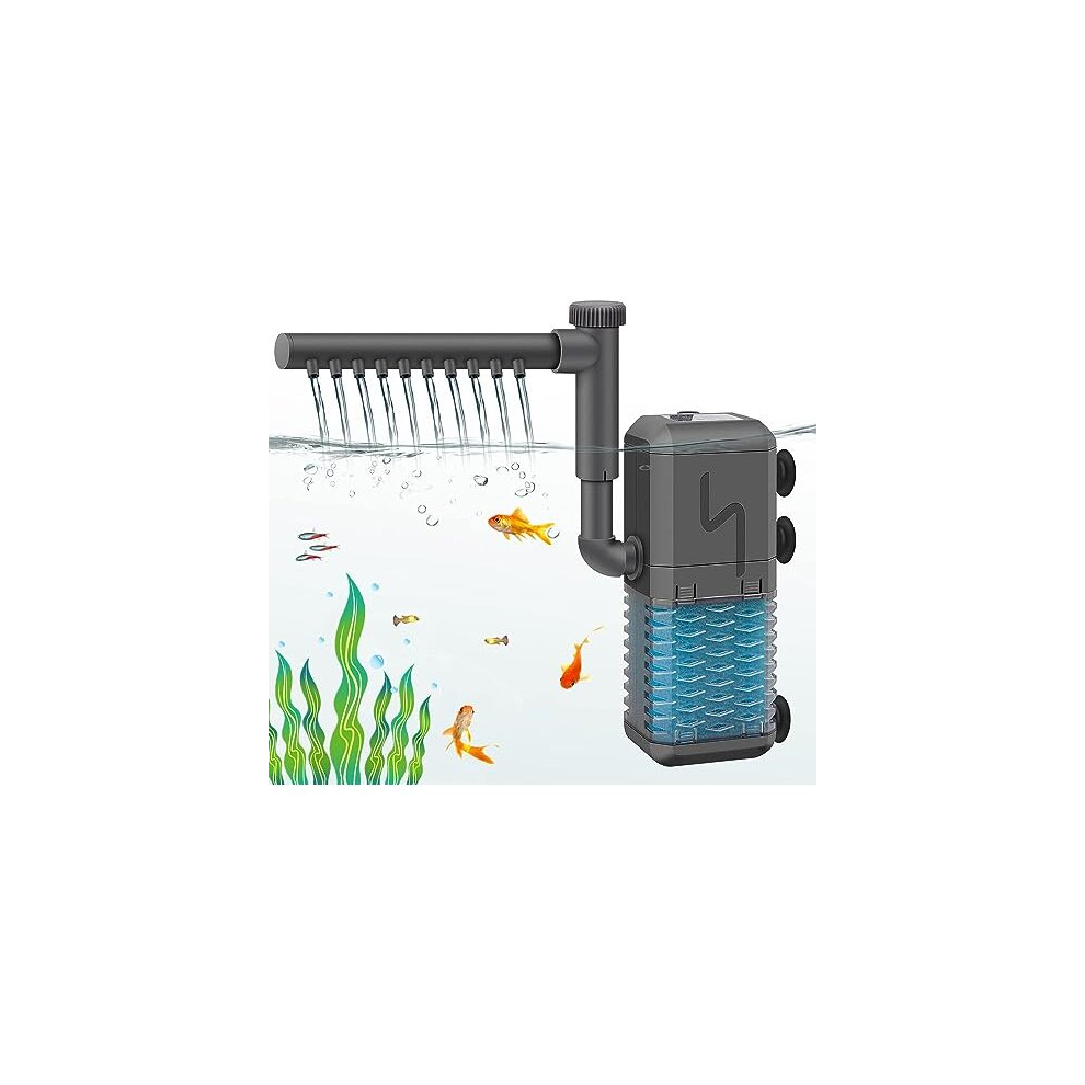 Fish Tank Filter, 4- in- 1 Internal Aquarium Filter Pump with Spray Bar, Cleans Water, 6W 600L/ H Silent Submersible Filter for Small Tank Up to 150