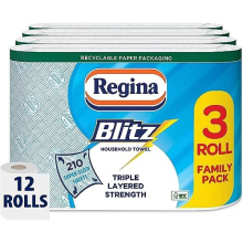 Regina Blitz 3-Ply Household Towels - 12 Rolls (70 Sheets/Roll), 60% Larger, FSC Certified Paper - Model 418502