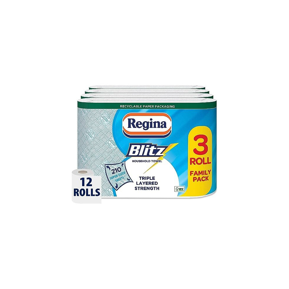 Blitz Household Towels â 12 Rolls Per Pack, 3-ply Kitchen Roll, 70 Sheets Per Roll, Paper Packaging, FSC Certified Paper, Recyclable Packaging, 60%