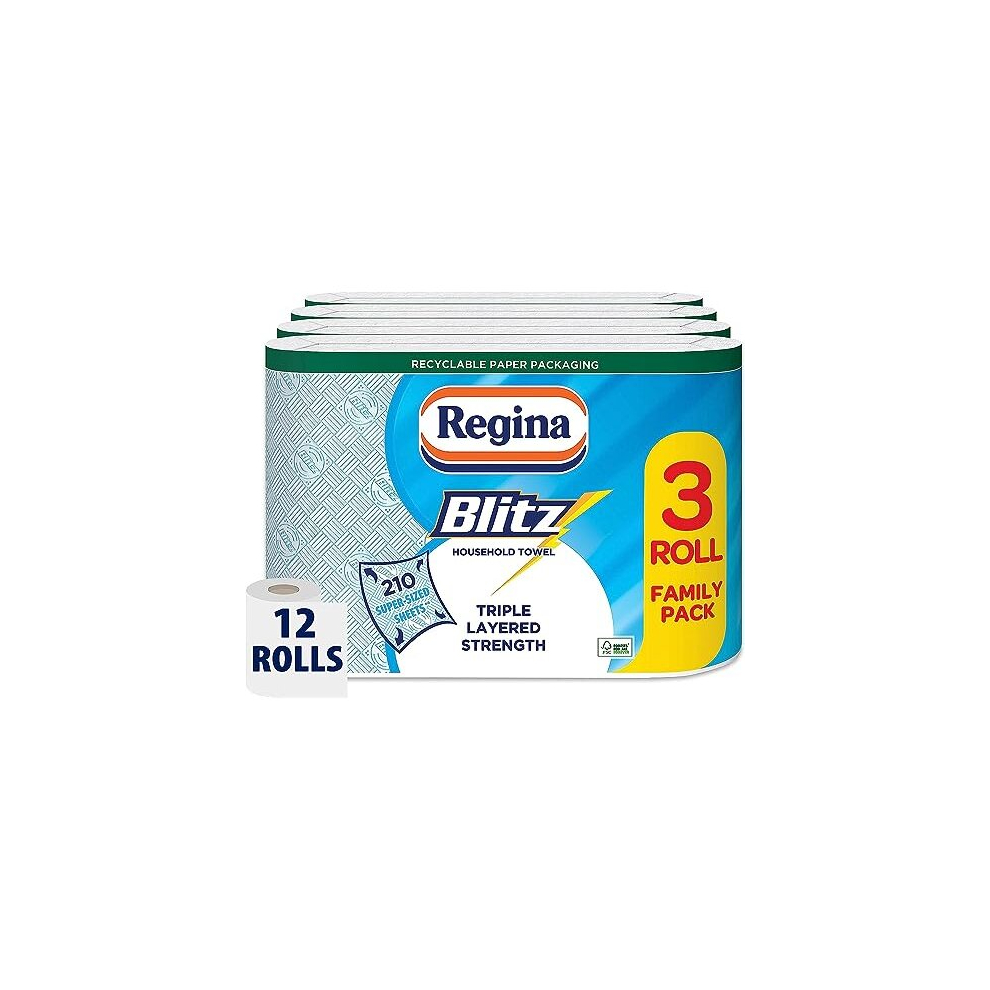Regina Blitz 3-Ply Household Towels - 12 Rolls (70 Sheets/Roll), 60% Larger, Fsc Certified Paper - Model 418502