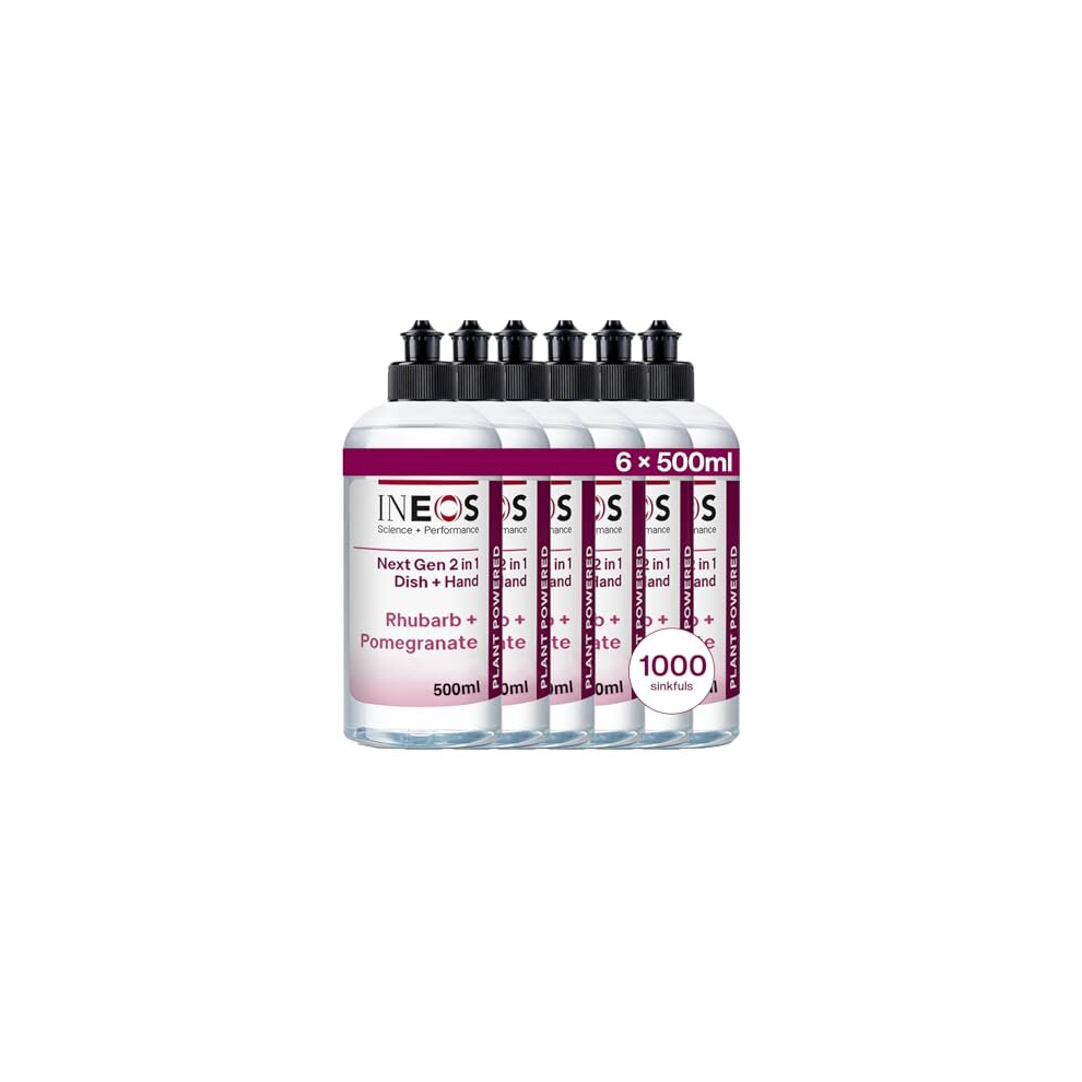 Ineos Hygienics Ineos Next-Gen 2In1 Washing Up Liquid, 3L (500Ml X 6), 1000 Sinkfuls, Dishwashing + Handwashing, Plant Powered, Rhubarb + Pomegranate